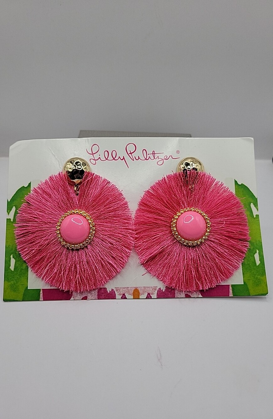 Lilly Pulitzer Nwt Pink Fan-tastic Tassel Circle Statement Earrings Festival. - Picture 2 of 5